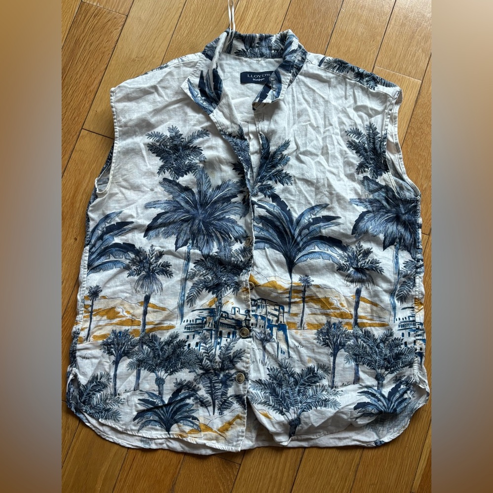 Women’s Tropical Print Linen Shirt - Blue and White